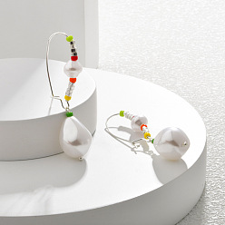 Серебро Серьги-кольца из латуни, стекла и пластика с имитацией жемчуга в форме слезы, серебряные, 51.5x14 мм