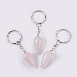 Rose Quartz Natural Rose Quartz Keychain, with Iron Key Rings, Platinum, teardrop, 80.5mm, Pendant: 33.5x15.5mm