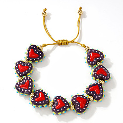 Темно-синий  Шифер Богемные браслеты ручной работы из фарфора, эмали, бисера и плетеных бусин для женщин., сердце, темный сланец синий, 11.02 дюйм (28 см)