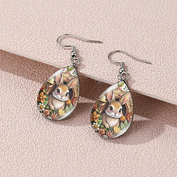 Светло-коричневый Пасха 304 Серьги-подвески из нержавеющей стали и стекла, слезинка с рисунком кролика, платина, загар, 45x18 мм