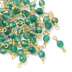 Зеленый Крашеный натуральный агат граненые круглые подвески-соединители, с петлями из латунной проволоки, реальный 18 k позолоченный, стойки покрытие, долговечный, зелёные, 12.5x4.5 мм, отверстие : 1.2 мм