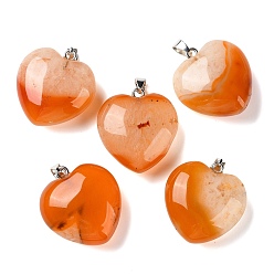 Naranja Colgantes de ágata con núcleo de cristal natural teñidos y calentados, con 304 presas de acero inoxidable a presión, encantos del corazón, color acero inoxidable, naranja, 32~33x30x13~14 mm, agujero: 7x4 mm
