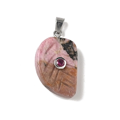 Родонит Резные подвески из натурального родонита, подвески в виде листьев с 201 микрофиброй из нержавеющей стали и кубическими циркониями, цвет нержавеющей стали, 26x15x15.5 мм, отверстие : 5.3x3 мм