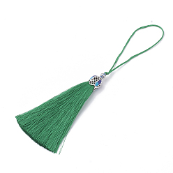 Teal Nylon Tassel Big Pendant Decorations, with Enamel and Alloy Findings, Platinum, Teal, 80~84x10.5~11mm