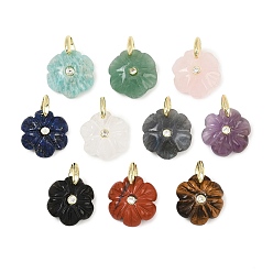 Mixed Stone Natural Gemstone Pendants, Flower Charms with Brass Micro Pave Cubic Zirconia Findings, Golden, 16.5~17x15~16x4.5~5.5mm, Hole: 4.4x4mm
