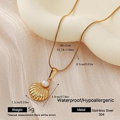 Shell Shape 304 Подвеска из нержавеющей стали с искусственным жемчугом, круглая цепочка-змейка для женщин, золотые, белые, формы раковины, 15.75 дюйм (40 см)
