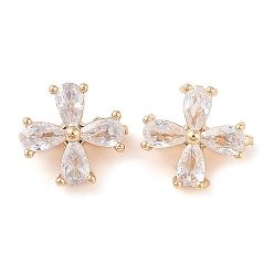 Прозрачный Проставки из латуни и кубического циркония, 4-лепестков цветка, золотые, прозрачные, 11x12x2.5 мм, отверстие : 1.5 мм