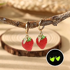 Strawberry Luminous Fruits Alloy Resin Stud Dangle Earrings, Glow in the Dark, Golden, Strawberry, 48x16mm