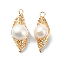 Golden Natural Pearl Copper Wire Wrapped Pendants, Rhombus Charms, Golden, 24~25x9~9.5x9~9.5mm, Hole: 1.6mm