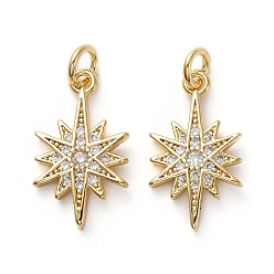 Золотой Латунные микропаве прозрачные подвески с фианитом, с прыжковых колец, звезда, золотые, 17x10x2 мм, отверстие : 3 мм