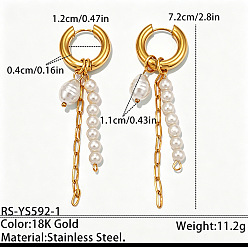 Golden 304 Stainless Steel & Plastic Pearl Dangle Earrings, Nuggets, Tassel Earrings, Golden, 72mm