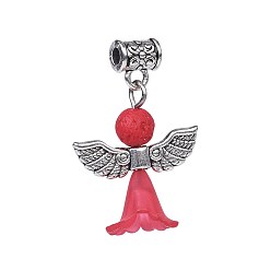 Красный Прозрачные матовые акриловые цветочные подвески, с фурнитурой из сплава в тибетском стиле и бусинами из натуральной лавы, прекрасное свадебное платье ангел болтаться, красные, 30~31 мм, отверстие : 2.8 мм