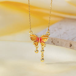 Бабочка Женские подвески-колье из латуни с микропаве из прозрачных кубических цирконий и эмалью, оранжевые, золотые, бабочка, 15.75 дюйм (40 см), Кулон : 34x22 мм