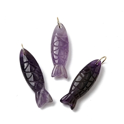 Аметист Резные подвески из натурального аметиста, рыбы прелести, с 304 кольцами из нержавеющей стали, золотые, 33.5~34.5x10.5x7~7.5 мм, отверстие : 7 мм