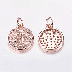 Розовое Золото Латунные микро проложить кубического циркония прелести, без кадмия и без свинца, плоские круглые с крестом, розовое золото , 13x11x2 мм, отверстие : 2 мм
