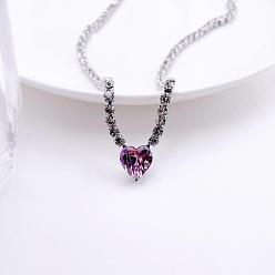 Фиолетовый Теннисные ожерелья с подвеской в форме сердца из латуни с кубическими цирконами, платина, фиолетовые, 16.14 дюйм (41 см), Кулон : 10x9 мм