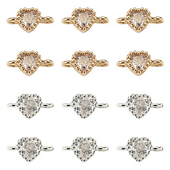 Прозрачный 12шт. 2 цвета латунь паве кубический цирконий звенья сердце соединительные подвески, долговечный, стойки покрытие, золотой и серебряный, без кадмия, без никеля и без свинца, прозрачные, 9x5x3.5 мм, отверстие : 1.2 мм, 6 шт / цвет