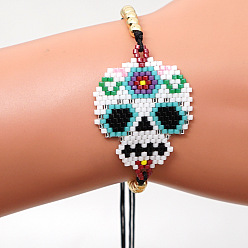 Разноцветный Браслеты из стеклянных бус на Хэллоуин, плетеные браслеты из бисера для женщин, череп, с кистями, красочный, 1-5/8 дюйм (4 см)