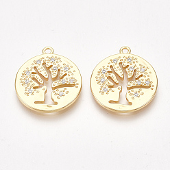 Real 18K Gold Plated Brass Pendants, with Cubic Zirconia, Flat Round with Tree, Clear, Nickel Free, Real 18K Gold Plated, 21.5x19x2mm, Hole: 1.5mm