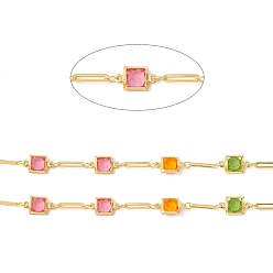 Colorful Handmade Brass Oval & Square Link Chain, with Glass Beaded, Real 18K Gold Plated, Lead Free & Cadmium Free, Soldered, with Spool, Colorful, 12x6.5x2.5mm, 10x2.5x0.5mm