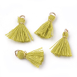 Yellow Green Polycotton(Polyester Cotton) Tassel Pendant Decorations, Mini Tassel, with Iron Findings and Metallic Cord, Light Gold, Yellow Green, 10~15x2~3mm, Hole: 1.5mm