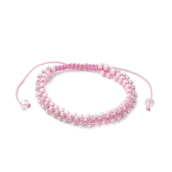 Pink Круглые браслеты из плетеных бусин из стеклянных семян, регулируемые браслеты из нейлонового шнура для женщин, розовые, внутренний диаметр: 1-7/8~3 дюйм (4.7~7.6 см), 7.5 мм