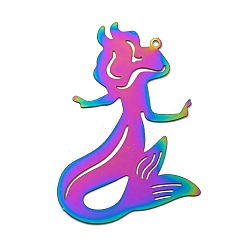 Русалка Ионное покрытие (ip) 201 подвески с травленым металлом из нержавеющей стали, Радуга цветов, русалка, 45x33.5x0.3 мм, отверстие : 1.2 мм