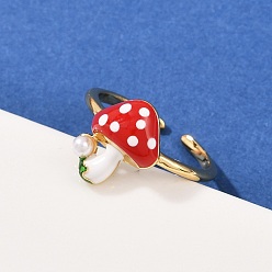 Красный Кольца-манжеты из латуни и АБС-пластика с жемчугом для женщин, гриб, с эмалью, долговечный, без кадмия и без свинца, стойки покрытие, реальный 18 k позолоченный, красные, внутренний диаметр: регулируемый