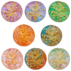 Colorful 2 Strands Glass Beads Strands, Flat Round with Sunflower, Golden Metal Enlaced, Colorful, 18x7mm, Hole: 0.9mm