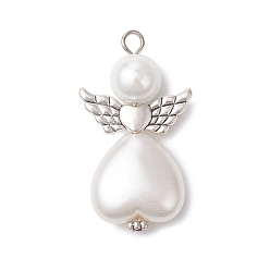 Белый 50шт. подвески из искусственного жемчуга и стеклянного жемчуга из АБС-пластика, ангельское очарование, с петлей из античного серебряного сплава и платинового железа, белые, 39x22x10 мм, отверстие : 3 мм