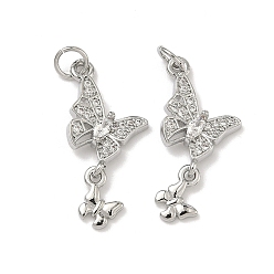 Платина Латунные микропаве прозрачные подвески с фианитом, без кадмия и без свинца, стойки покрытие, долговечный, бабочки прелести, платина, 26x12x3.5 мм, отверстие : 3 мм
