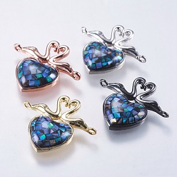 (52) Непрозрачная лаванда Соединители звеньев раковины морского ушка / ракушки пауа, с латунной фурнитурой , лебедь с сердцем, разноцветные, 20x23x3~4 мм, отверстие : 1 мм