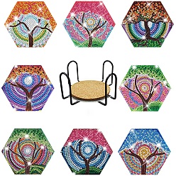 Mixed Color DIY Diamond Painting Tree Pattern Hexagon Coaster Kit, Including Acrylic Board, Resin Rhinestones Bag, Diamond Sticky Pen, Tray Plate and Glue Clay, Mixed Color, 100mm, 8pcs/set