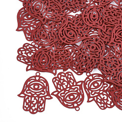 Красный 430 из нержавеющей стали филигранные подвески, окрашеные, гравированные металлические украшения, hamsa рука / рука fatima / рука miriam с глазом, красные, 23x18x0.3 мм, отверстие : 1.4 мм