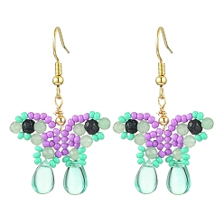Зеленый Авантюрин Серьги-подвески из синтетического синего золота и натурального зеленого авантюрина, со стеклянными бусинами и 304 крючками для сережек из нержавеющей стали, бабочка, 42x26~27 мм