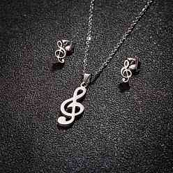 Нержавеющая Сталь Цвет Комплекты из серег-гвоздиков и ожерелий с музыкальными нотами из нержавеющей стали для женщин, цвет нержавеющей стали, 65x50 мм