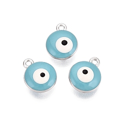 Light Sky Blue Alloy Pendants, with Enamel, Flat Round with Evil Eye, Light Sky Blue, 13x11x6mm, Hole: 1.5mm