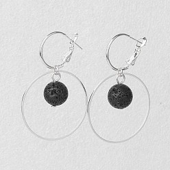 Lava Rock Natural Lava Rock Dangle Earrings, Hoop Earrings, Silver Color Plated, 46x30mm, Pin: 0.8mm