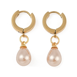 Персиковый Слойка Вакуумное покрытие pvd 201 серьги-кольца из нержавеющей стали, с пластиковыми бусинами из искусственного жемчуга, 304 штифт из нержавеющей стали, слеза, золотые, розовые, 32x8 мм