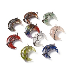 Mixed Stone Natural Mixed Stone Chips & Transparent Resin Big Pendants, Moon Charms, with Red Copper Tone Brass Wire Wrapped, Cadmium Free & Lead Free, 52~53x36~37x14~16mm, Hole: 8mm
