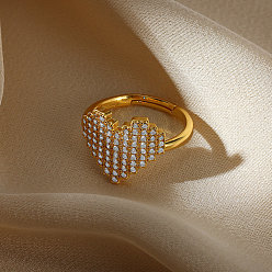 Сердце Регулируемые манжеты-кольца из латуни с микропаве из кубического циркония для женщин, сердце, 14 мм, внутренний диаметр: 18 мм