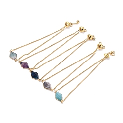 Mixed Stone Adjustable Real 18K Gold Plated Brass Box Chain Slider Bracelets, with Natural Mixed Stone Link, Faceted, Rhombus , Inner Diameter: 0.31~2.68 inch(8~68mm)