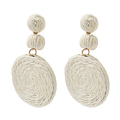 Белый Плоские круглые серьги-гвоздики из сплава рафии, белые, 75x45 мм