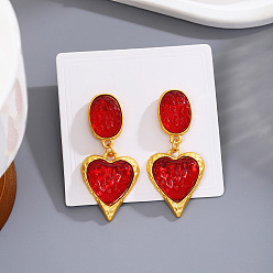 Красный Серьги-гвоздики из цинкового сплава и смолы., сердце, золотые, красные, 55x25 мм