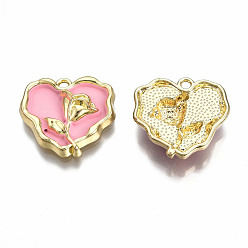 Pink Acumular colgantes de esmalte de la aleación de chapado, sin plomo y cadmio, la luz de oro, corazón con rosa, rosa, 20x21x4 mm, agujero: 1.8 mm