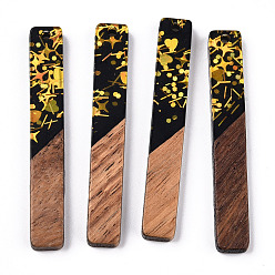 Черный Большие подвески из непрозрачной смолы и орехового дерева, прямоугольные подвески с пайетками, чёрные, 51.5x7.5x3 мм, отверстие : 1.8 мм