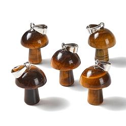 Tiger Eye Natural Tiger Eye Pendants, Mushroom Charms, with 304 Stainless Steel Snap on Bails, Stainless Steel Color, 24~25x16mm, Hole: 7.5x4mm