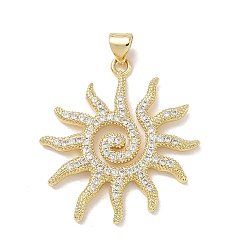 Plaqué 18K Or Véritable Pendentifs en laiton zircon cubique clair, charmes de soleil, plaqué longue durée, sans plomb et sans cadmium, réel 18 k plaqué or, 31x28.5x2.5mm, Trou: 5x3.5mm
