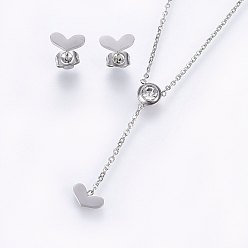 Couleur Acier Inoxydable 304 définit bijoux en acier inoxydable, Boucles d'oreilles et pendentifs, avec strass, cœur, couleur inox, 16.54 pouce (42 cm), 5x9x1.2mm, pin: 0.8 mm