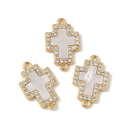 Настоящее золото 18K Подвески-крестики с микропаве из латуни, прозрачные кубические цирконии и натуральные ракушки, долговечный, без свинца и без кадмия, стойки покрытие, цвет морской раковины, реальный 18 k позолоченный, 18x11x2 мм, отверстие : 1.2 мм